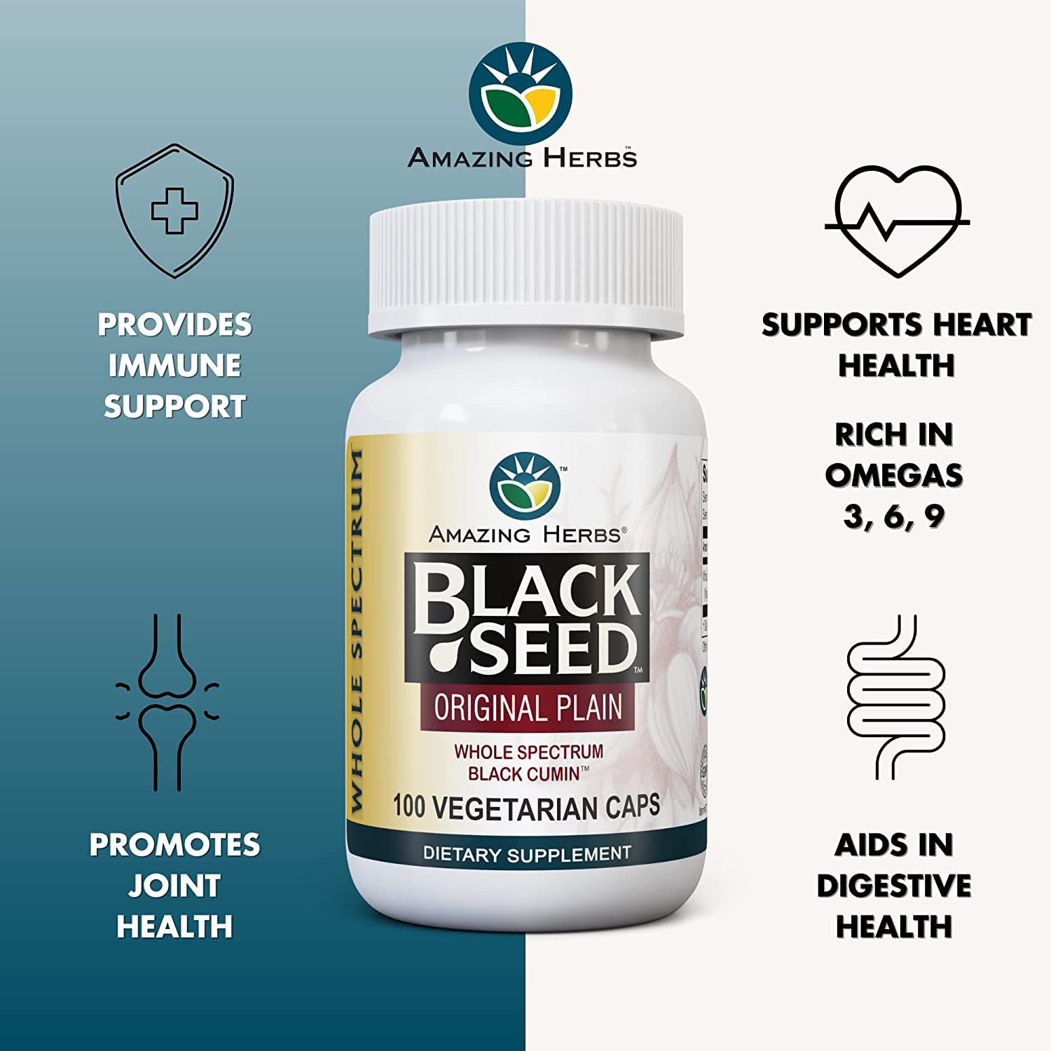 Envase de Amazing Herbs con capsulas veganas sin gluten.
