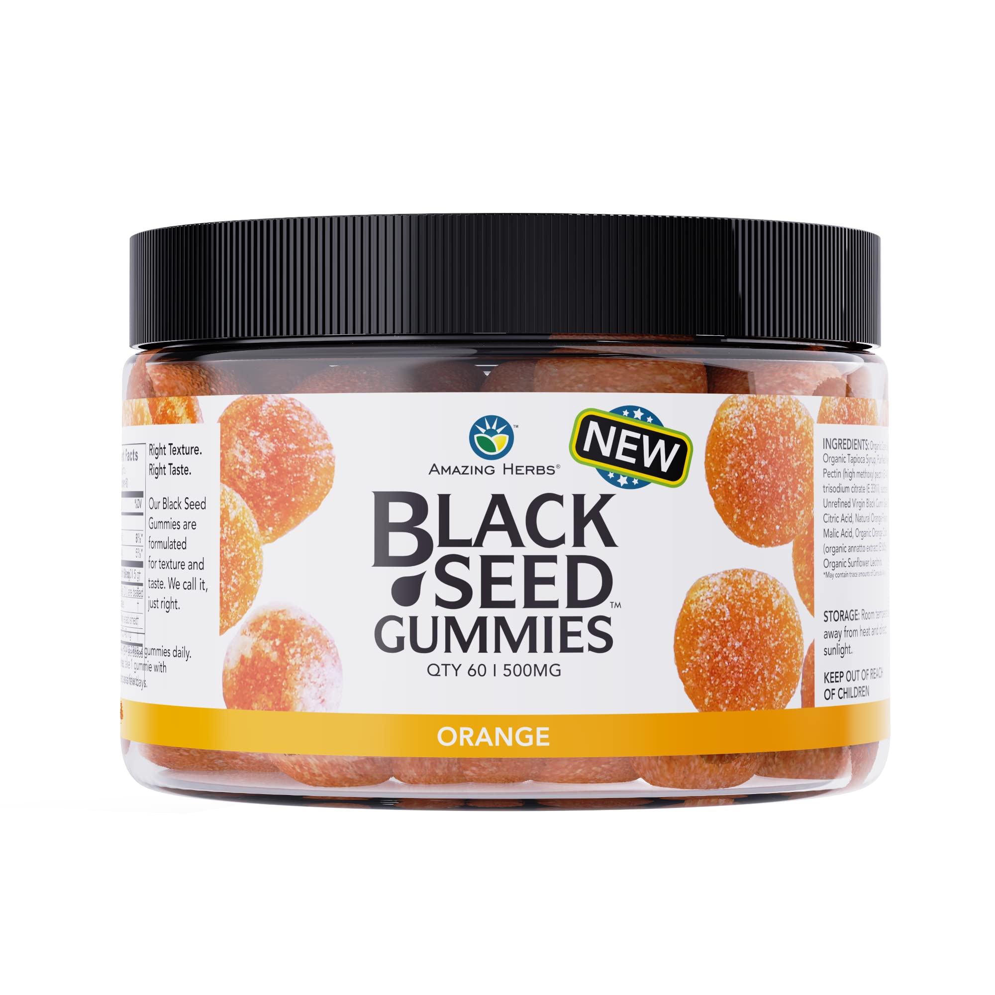 Amazing Herbs gomitas de aceite de semilla negra sabor naranja en envase, posible apoyo a la inmunidad.