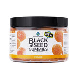 Amazing Herbs gomitas de aceite de semilla negra sabor naranja en envase, posible apoyo a la inmunidad.