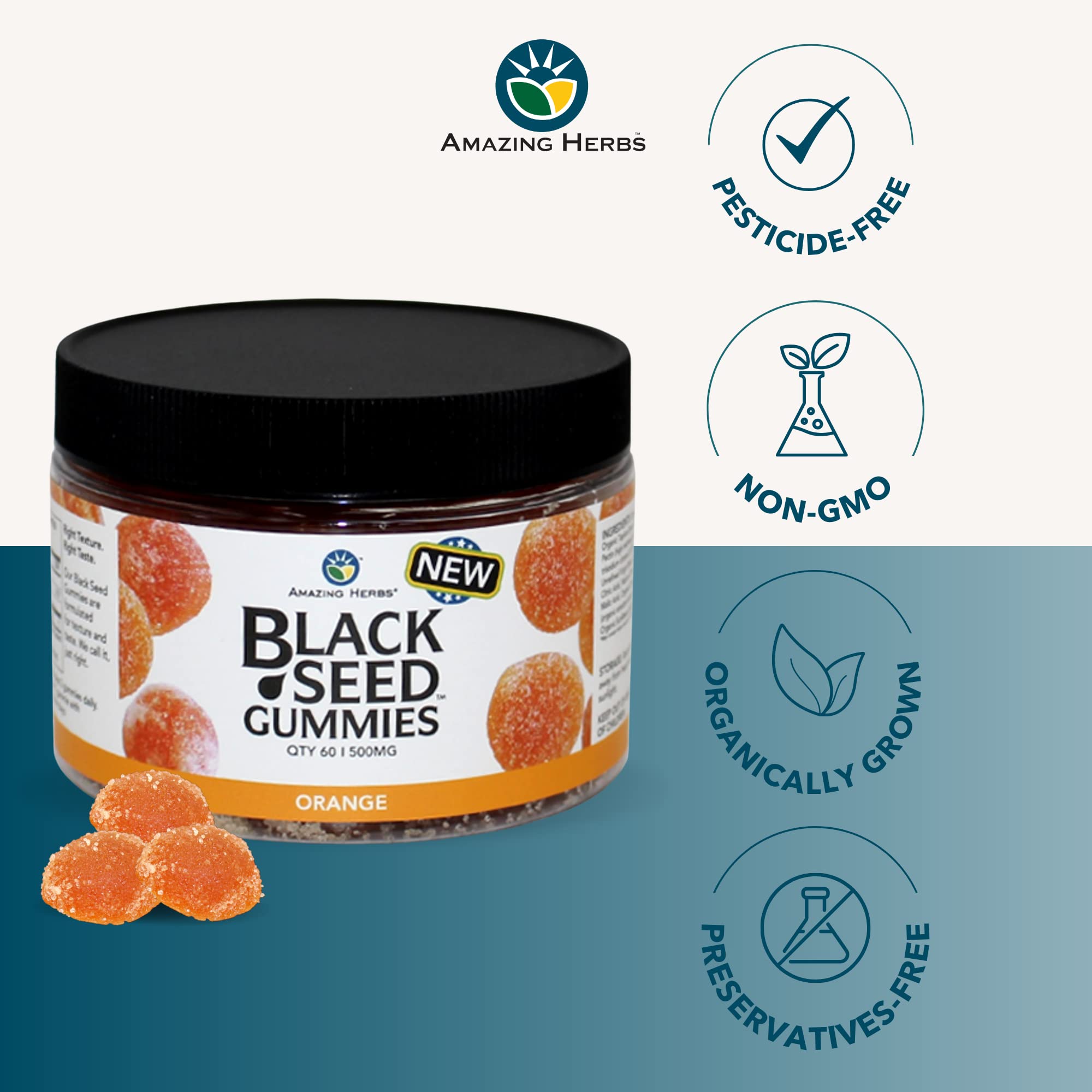 Amazing Herbs gomitas sabor naranja, uso diario sencillo para promover bienestar general.