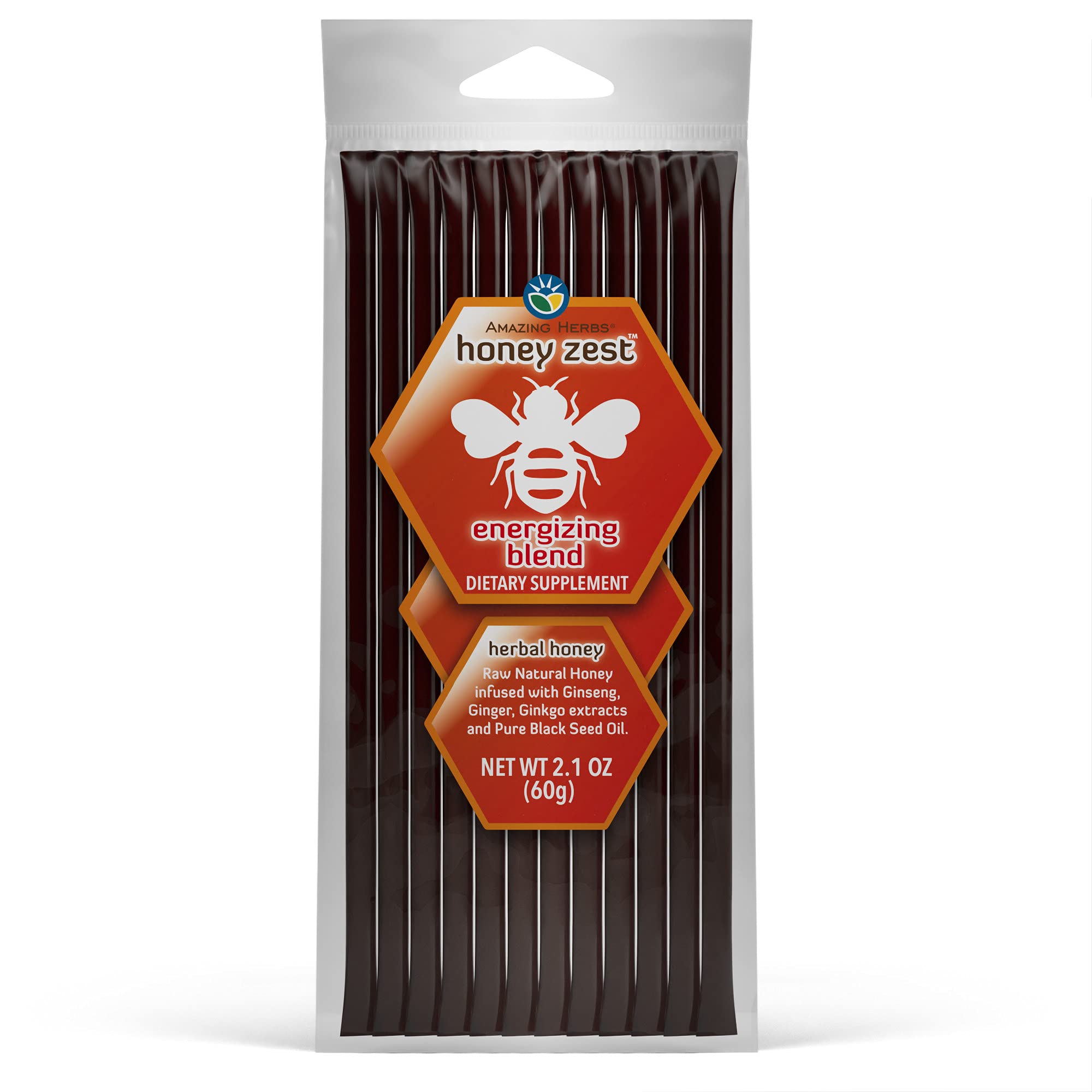 Amazing Herbs HoneyZest botella: miel cruda con ginseng y jengibre para energía diaria.