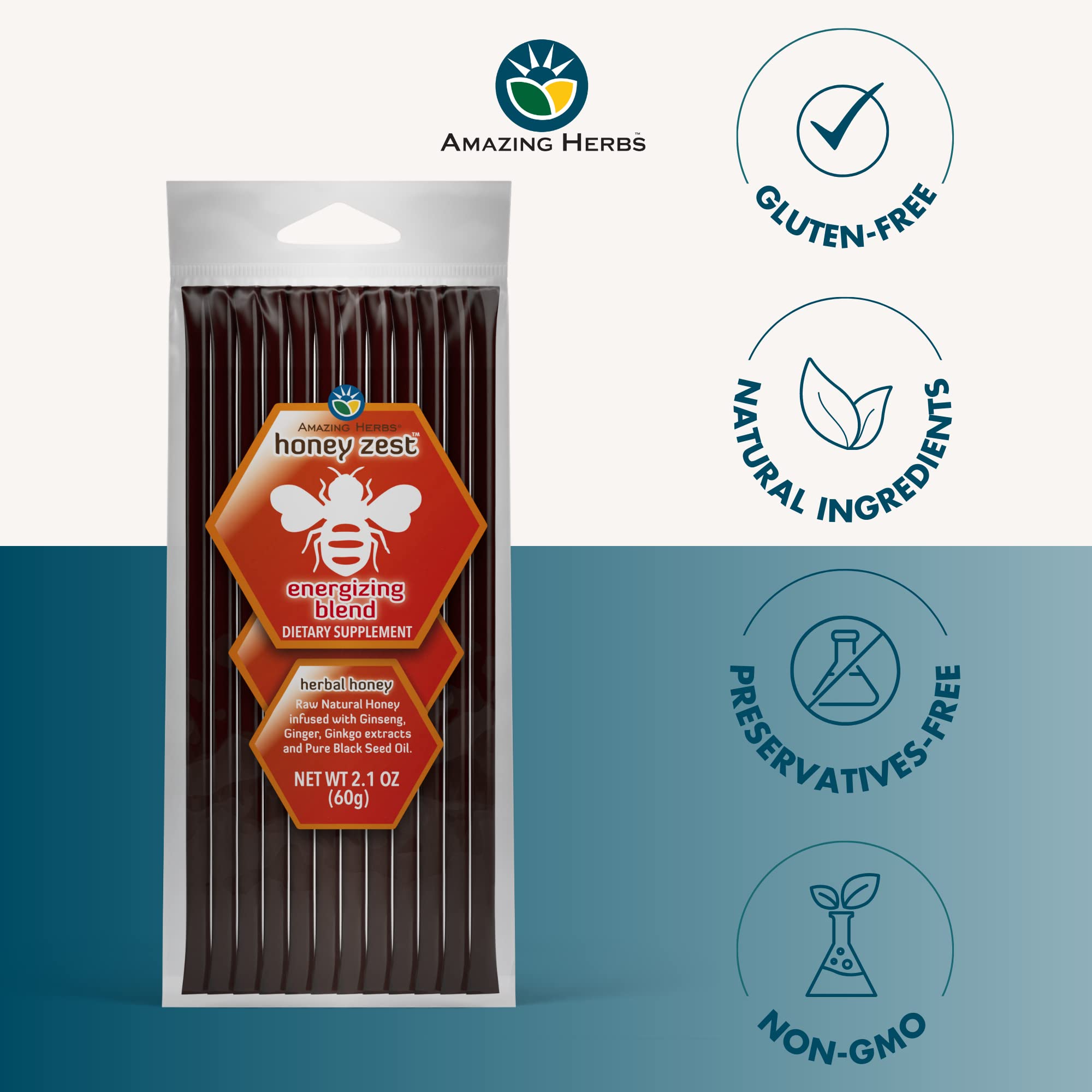 Amazing Herbs HoneyZest ingredientes-clave: miel natural, ginseng, jengibre y aceite de semilla negra.