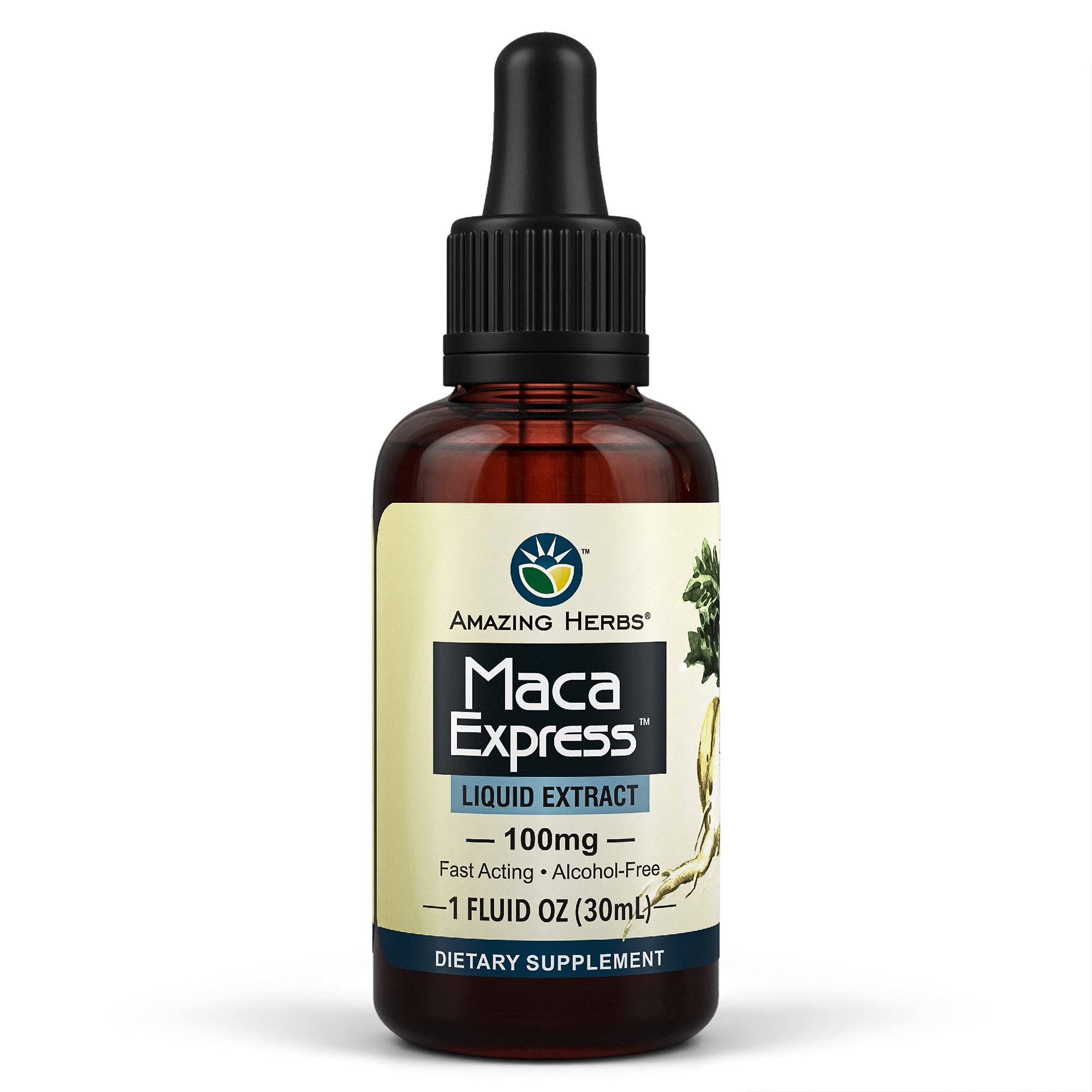 Amazing Herbs Maca Express: botella con gotero para energía sostenida