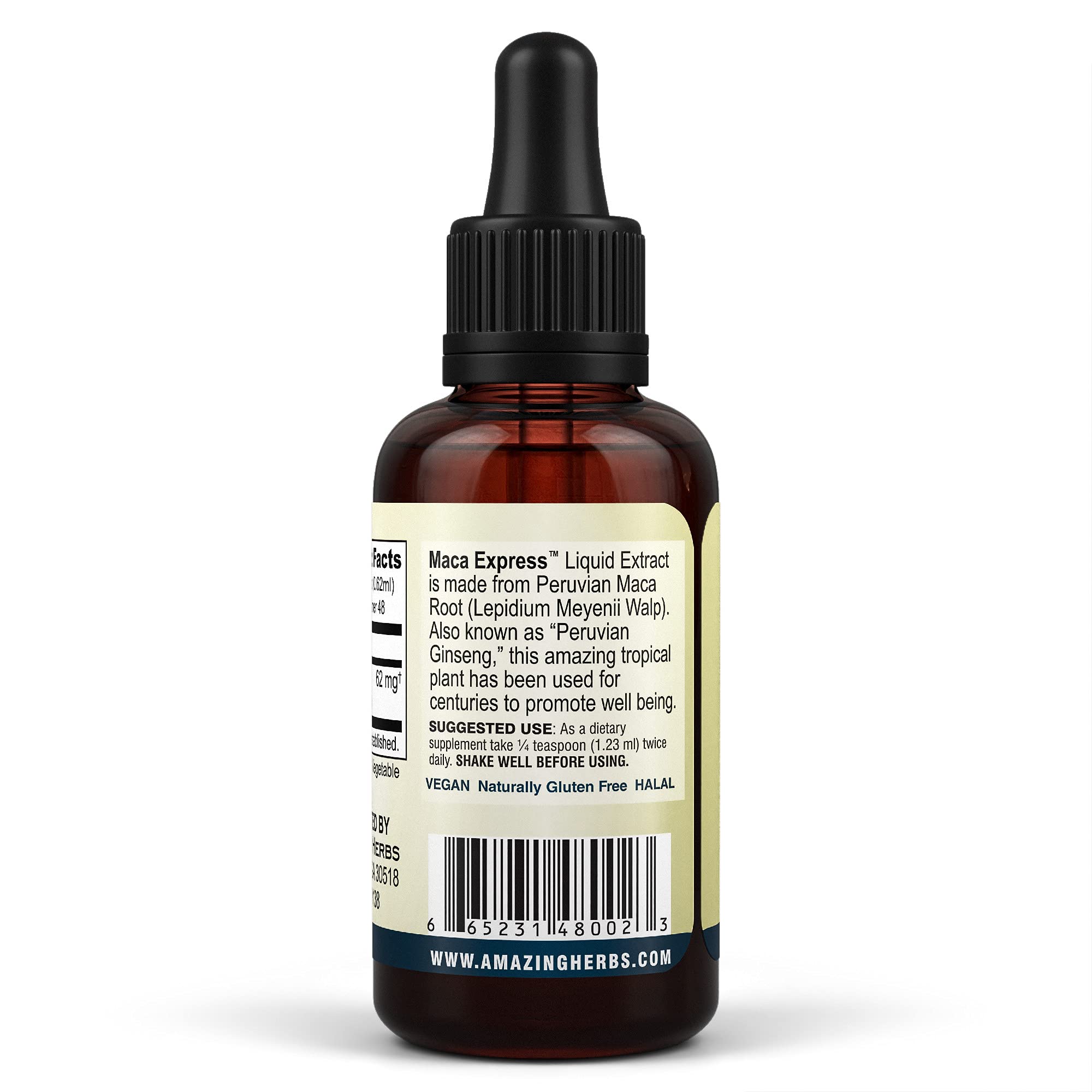 Amazing Herbs Maca Express: etiqueta informativa sobre uso y beneficios