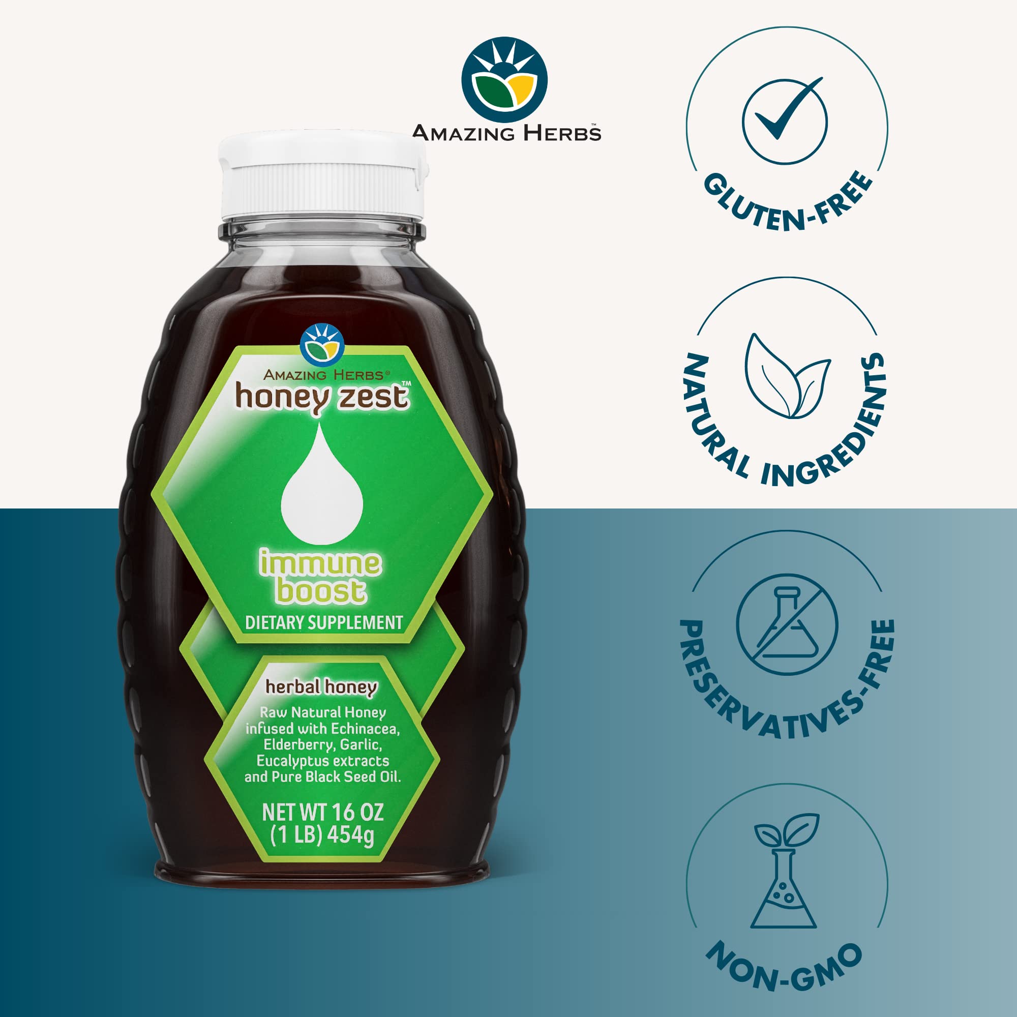 Amazing Herbs HoneyZest etiqueta sin gluten y sin OMG visible