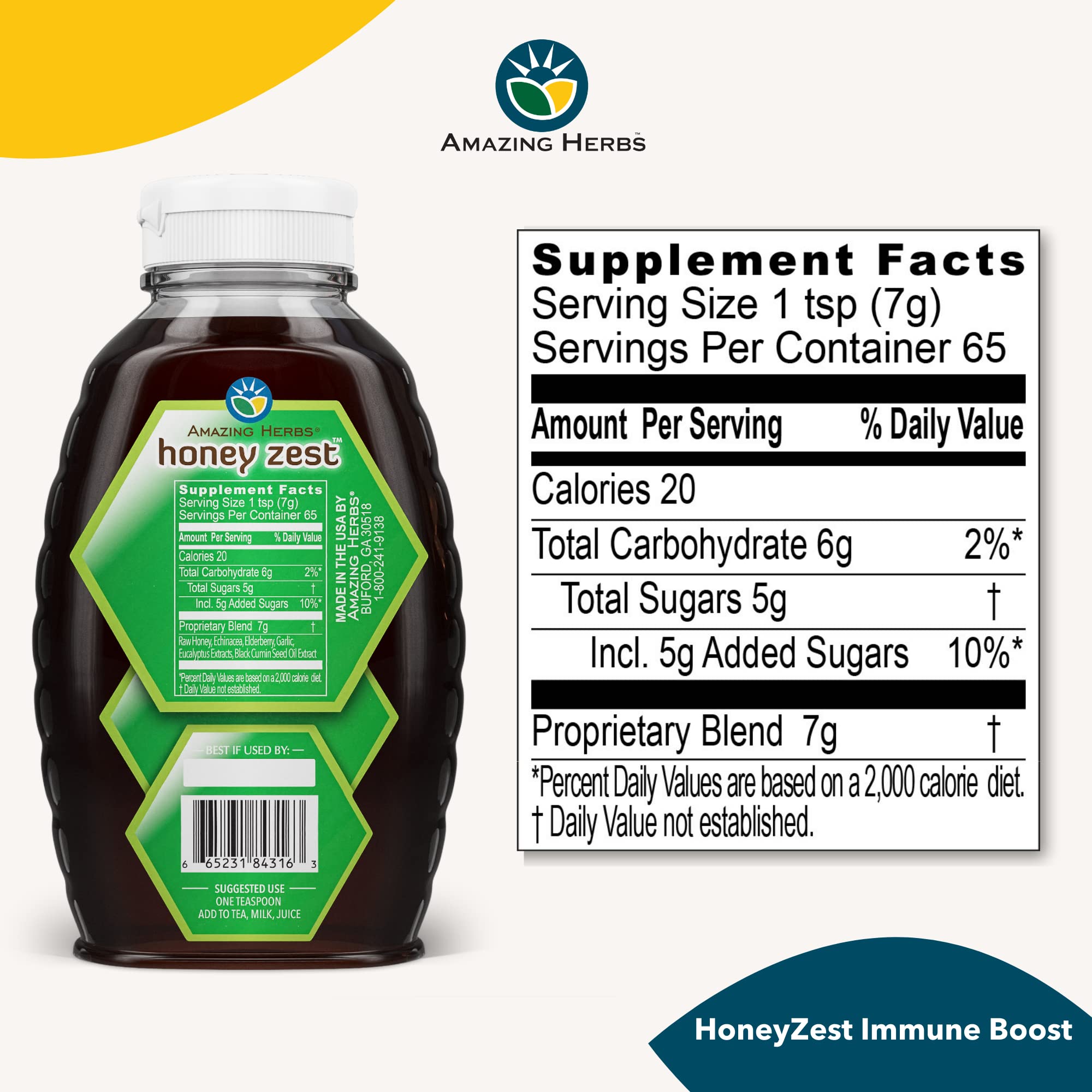 Amazing Herbs HoneyZest mezcla de ingredientes clave visibles con beneficios naturales