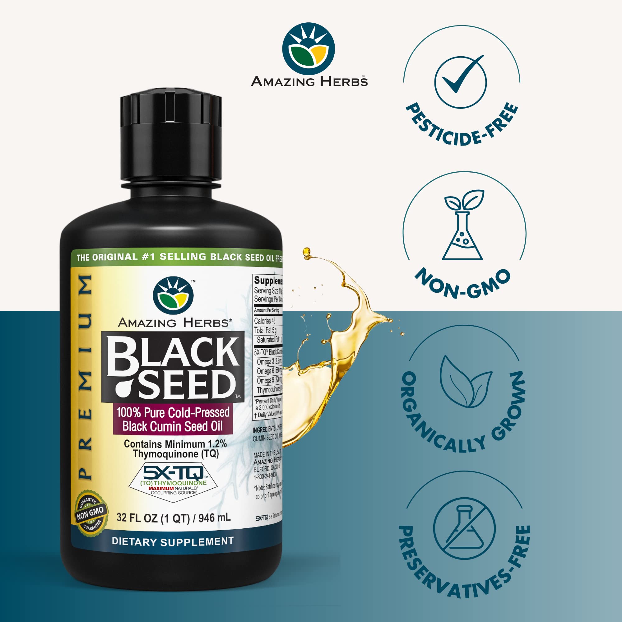 Aceite Amazing Herbs Nigella Sativa y semillas visibles, fuente natural de nutrientes.
