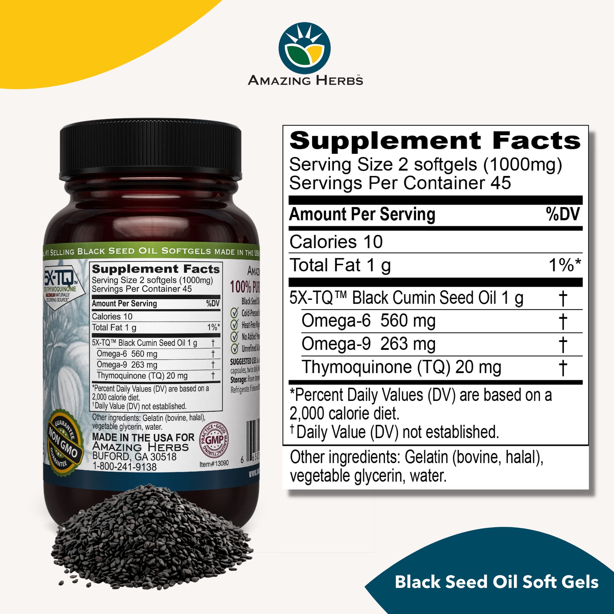 Amazing Herbs cápsulas de aceite de semilla negra, botella trasera, contiene omega y thymoquinona