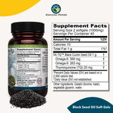 Amazing Herbs cápsulas de aceite de semilla negra, botella trasera, contiene omega y thymoquinona