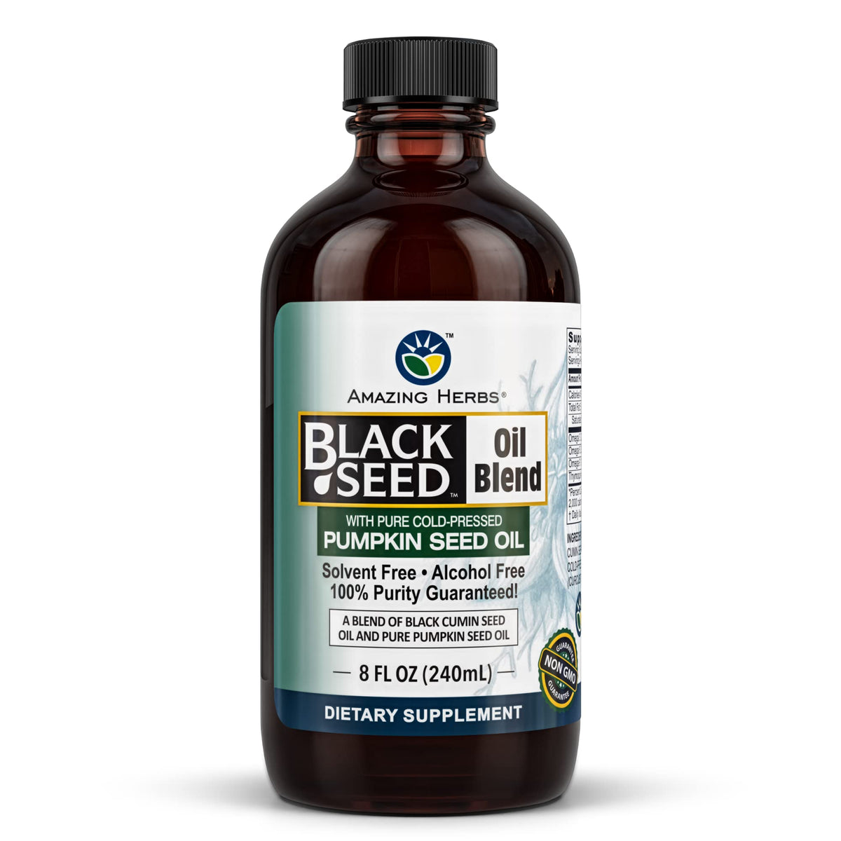 Aceite Amazing Herbs de semilla negra prensado en frío, ideal para uso diario.