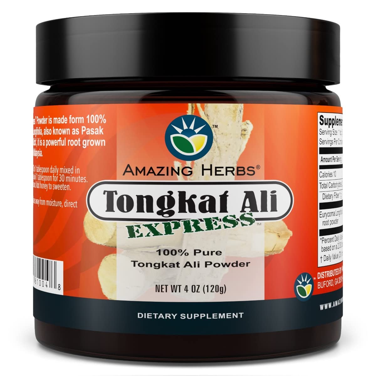 Amazing Herbs Tongkat Ali Polvo en frasco para energía diaria.
