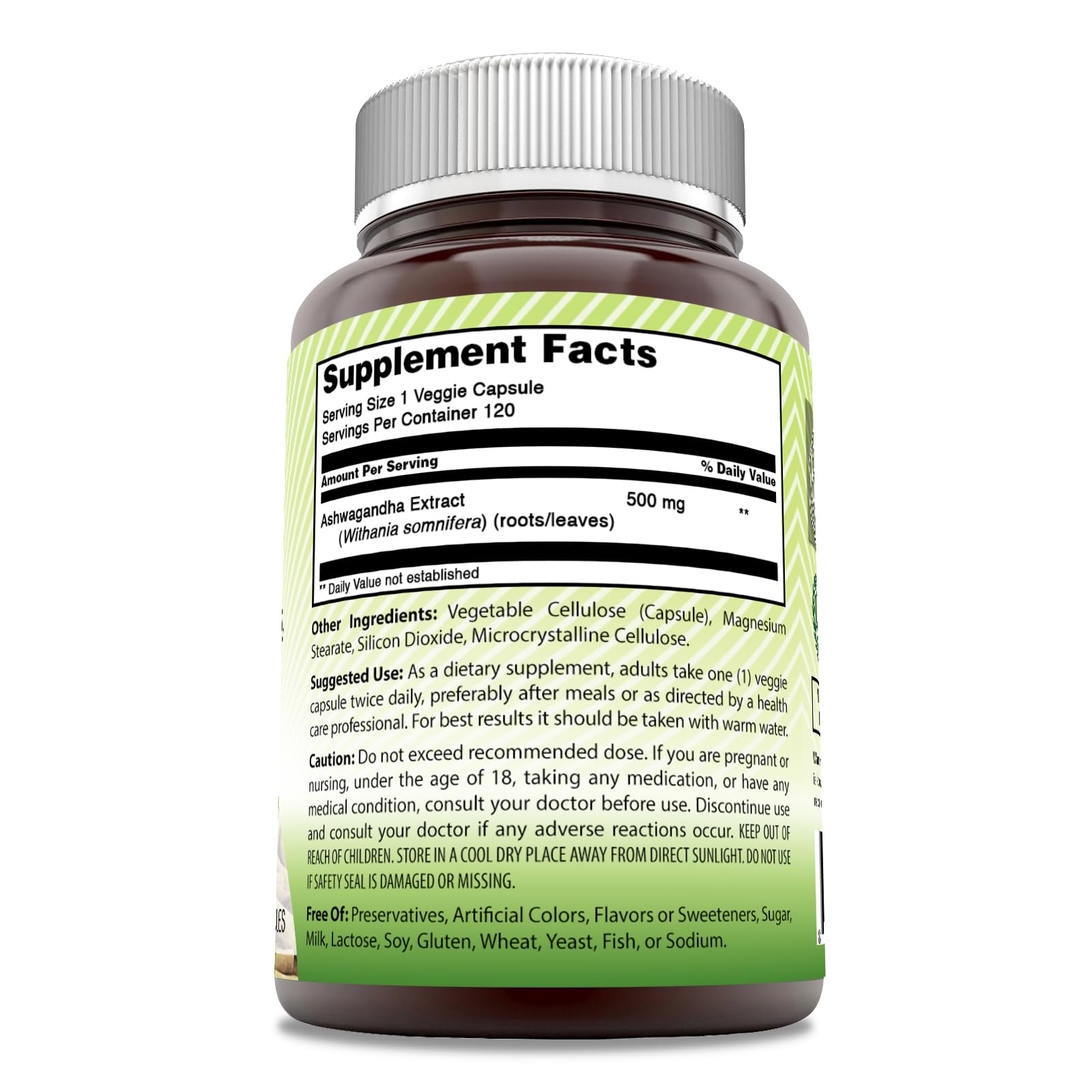 Cápsulas vegetales Amazing India Ashwagandha para uso diario, sin gluten.