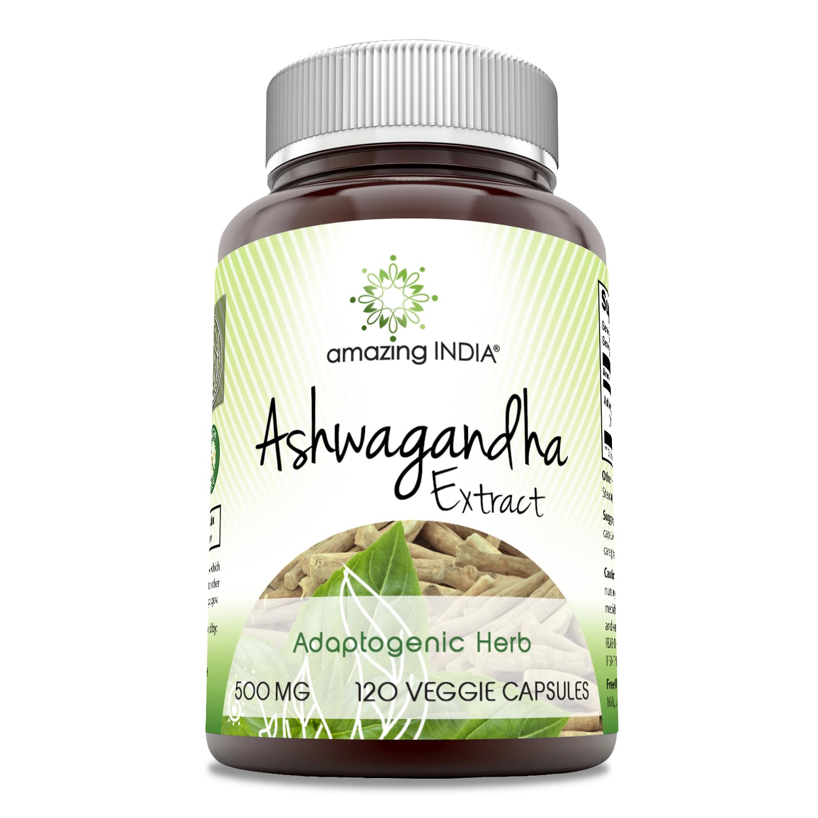 Amazing India extracto Ashwagandha 500 mg en frasco, dosis diaria conveniente.