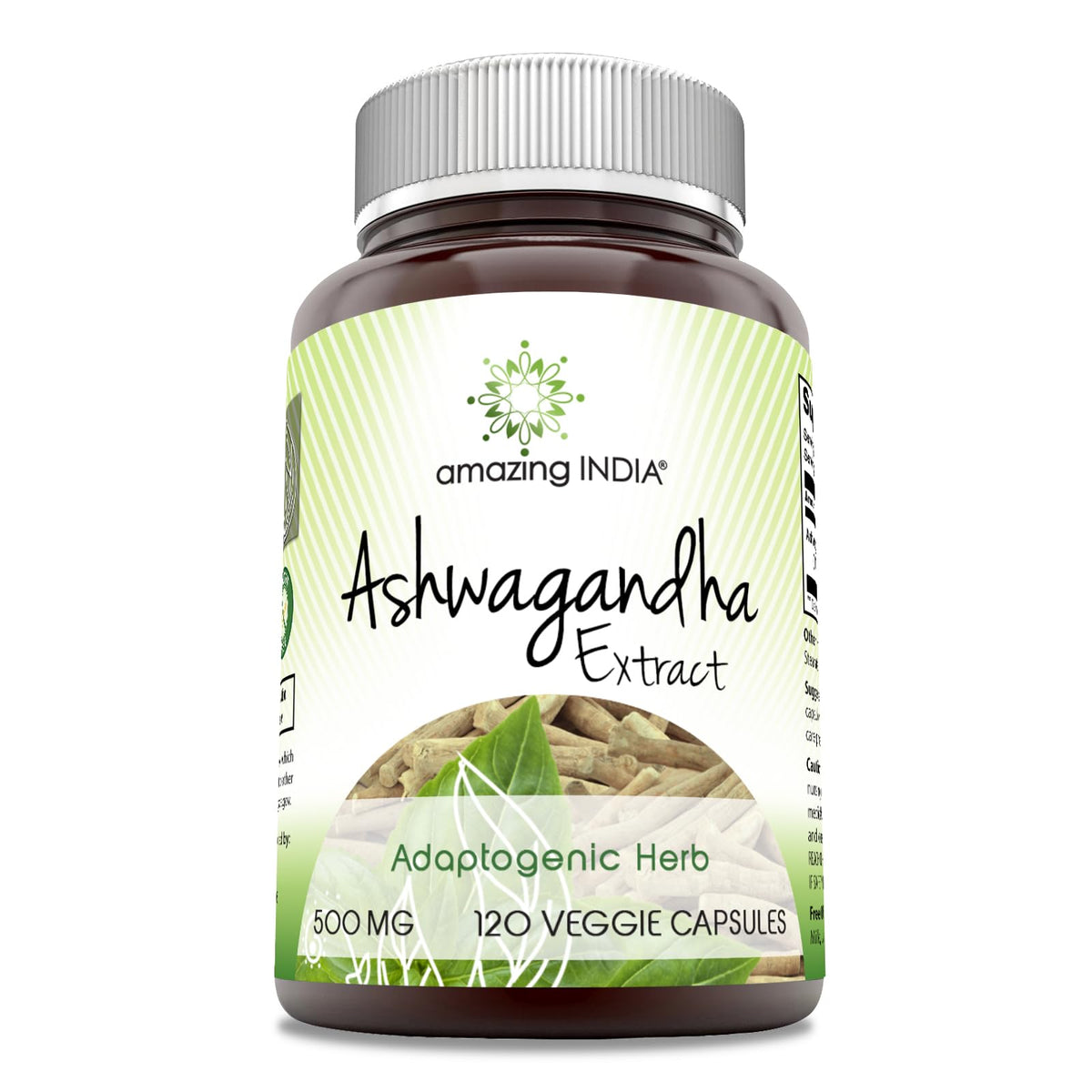 Amazing India extracto Ashwagandha 500 mg en frasco, dosis diaria conveniente.