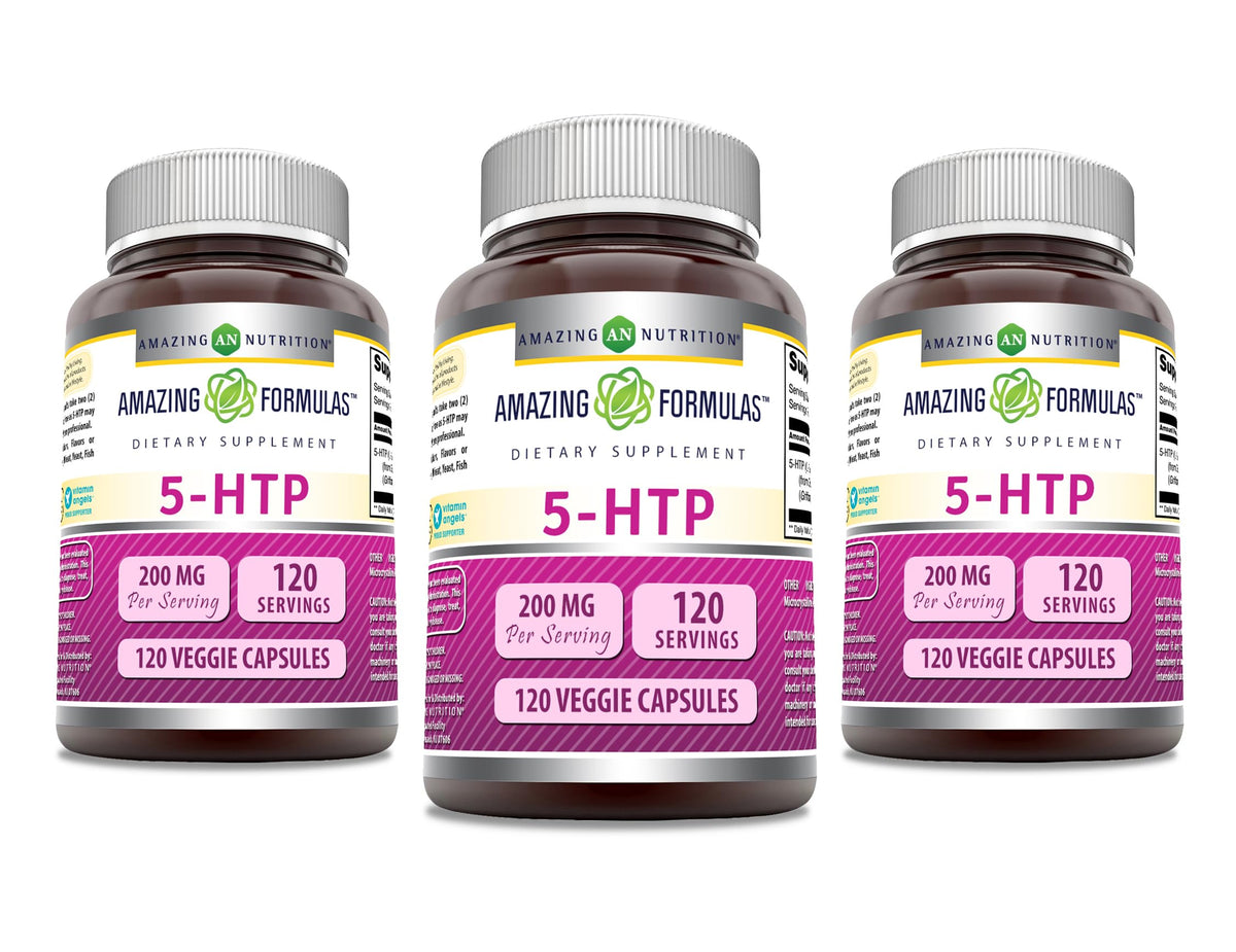 Amazing Formulas 5-HTP en botella con etiqueta clara que destaca pureza