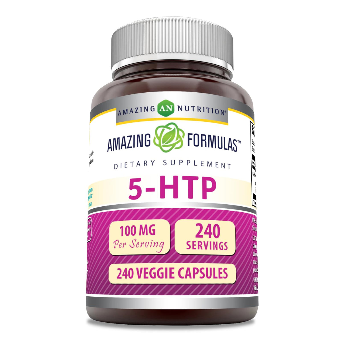 Amazing Nutrition 5-HTP en botella: apoyo al descanso y bienestar diario.