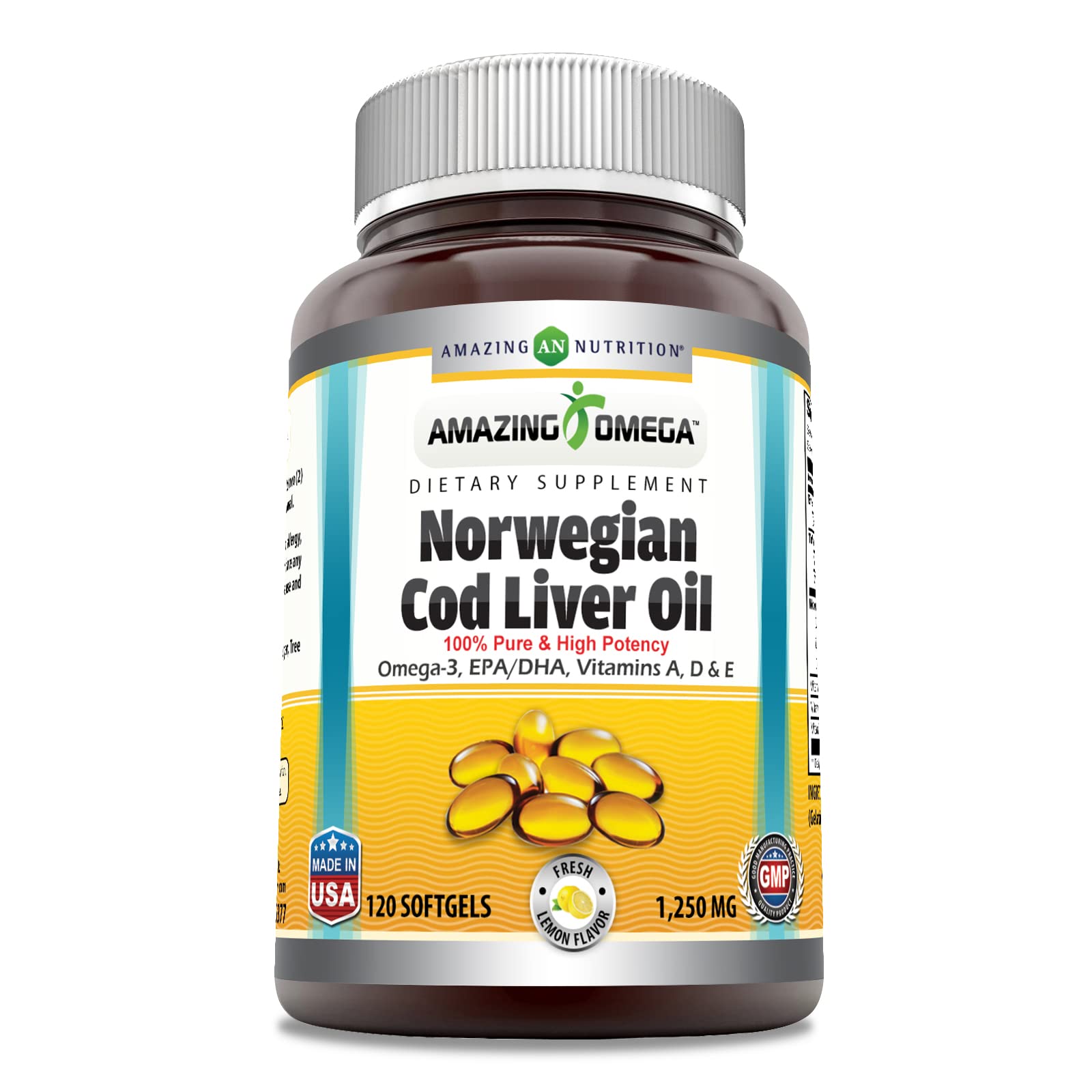 Amazing Nutrition Aceite de hígado de bacalao noruego 1250 mg en botella de limón para uso diario.