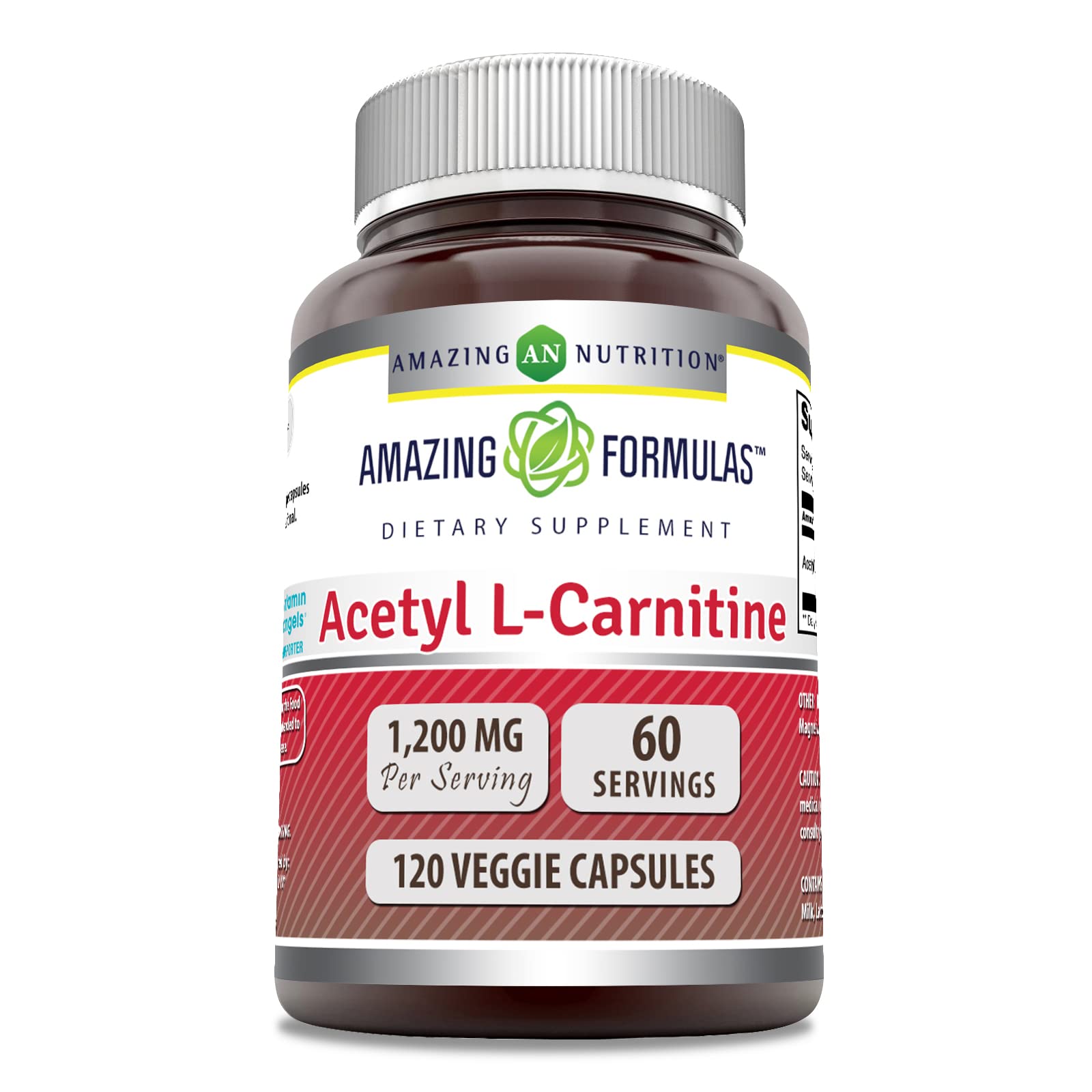 Amazing Nutrition Acetil-L-Carnitina 1200 mg botella, posible apoyo a la energía diaria.