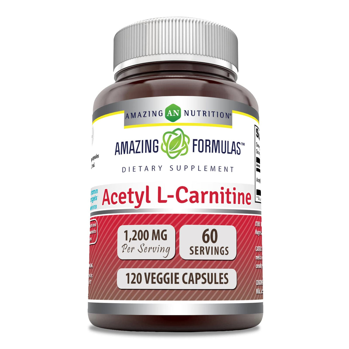 Amazing Nutrition Acetil-L-Carnitina 1200 mg botella, posible apoyo a la energía diaria.