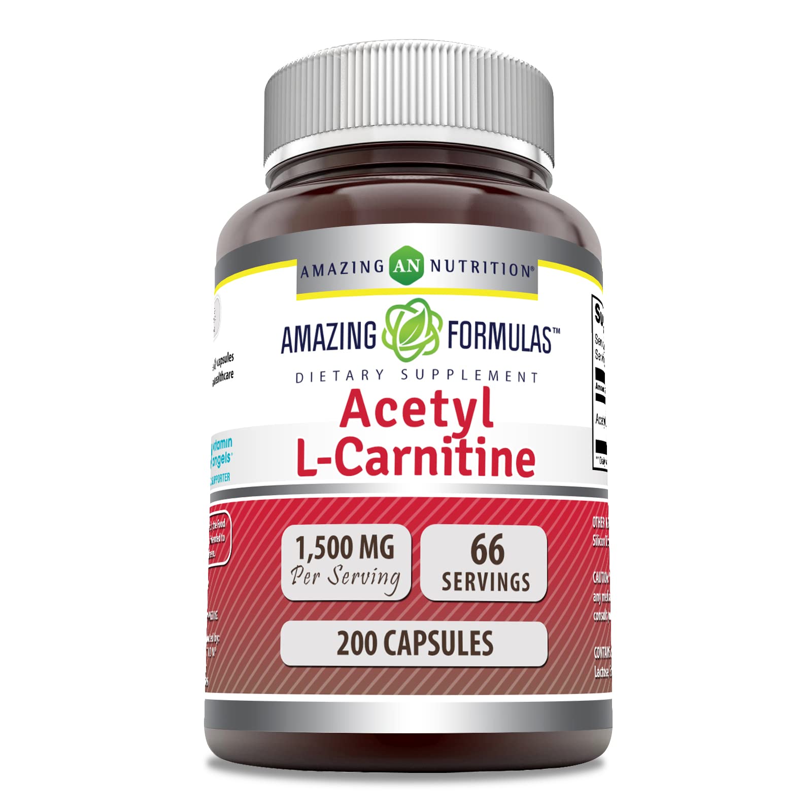 Amazing Nutrition Acetil-L-Carnitina, botella visible, posible apoyo de energía diaria.
