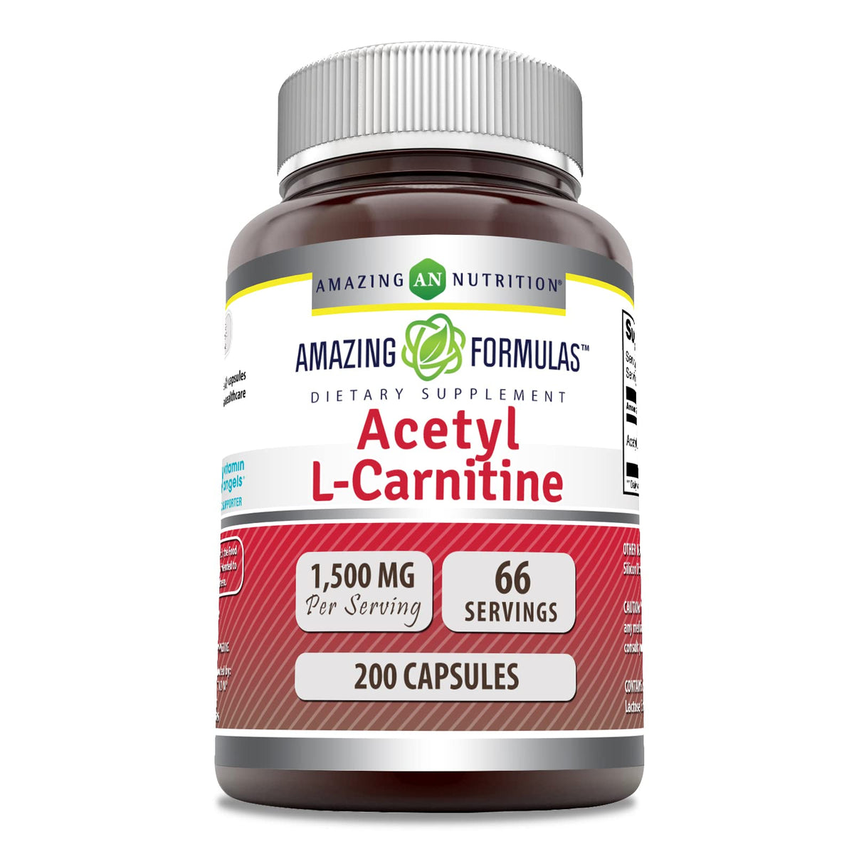 Amazing Nutrition Acetil-L-Carnitina, botella visible, posible apoyo de energía diaria.