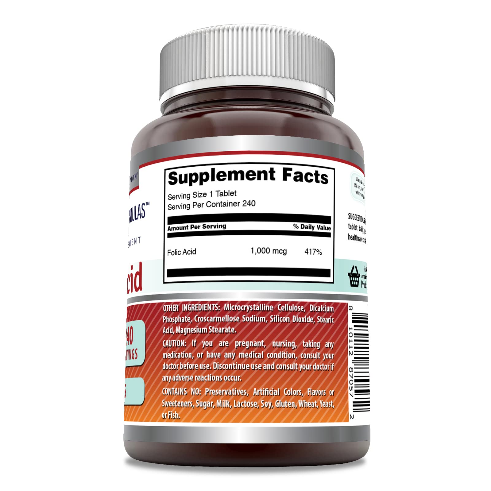 Amazing Nutrition ácido fólico 1000 mcg, etiqueta detallada para claridad de los ingredientes.