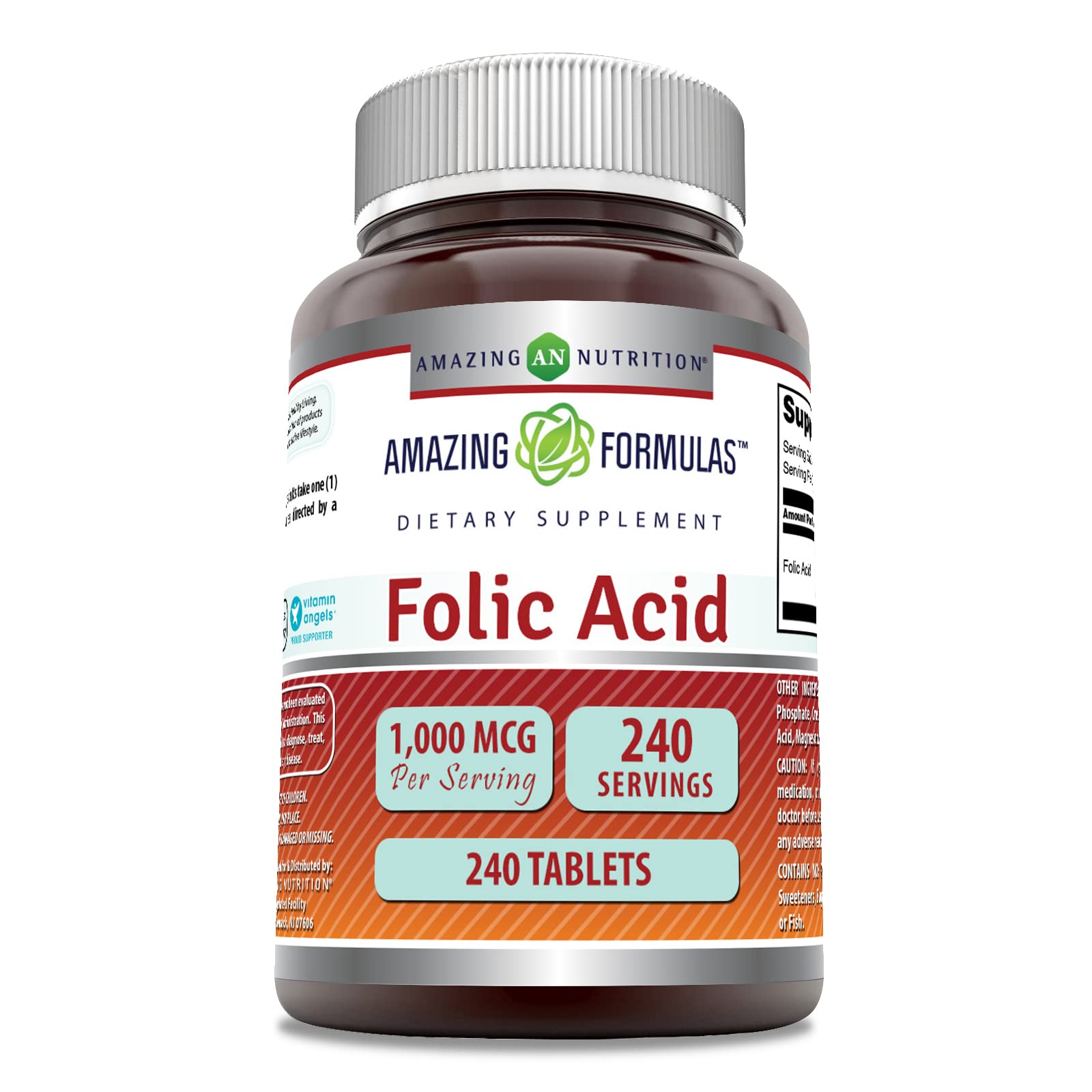 Amazing Nutrition ácido fólico 1000 mcg, tableta frontal para uso diario.