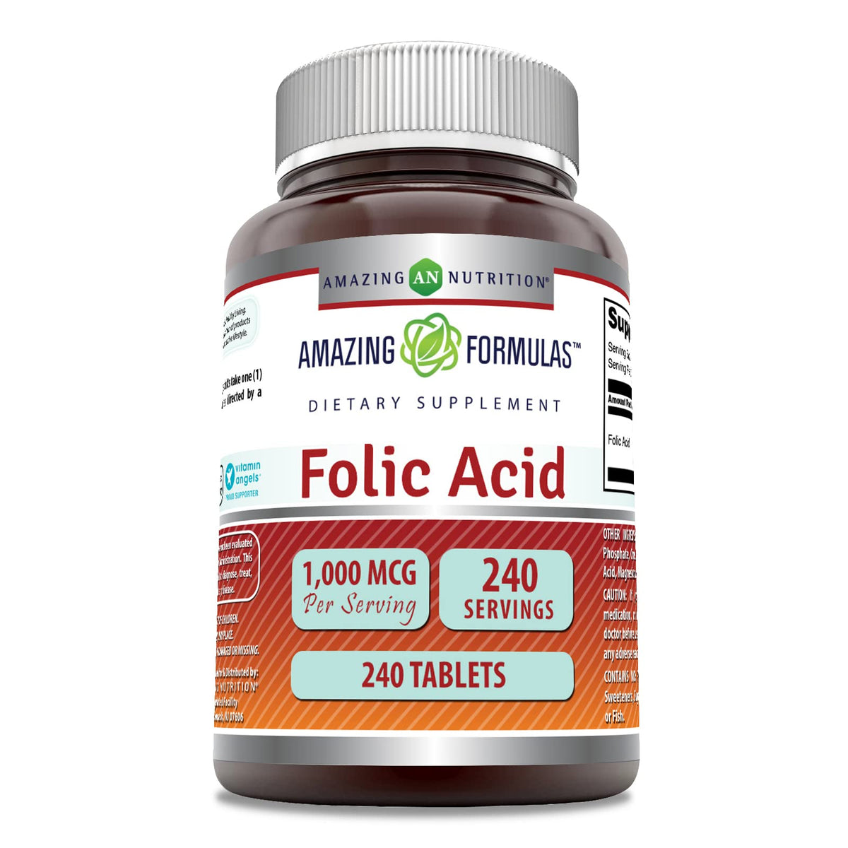 Amazing Nutrition ácido fólico 1000 mcg, tableta frontal para uso diario.
