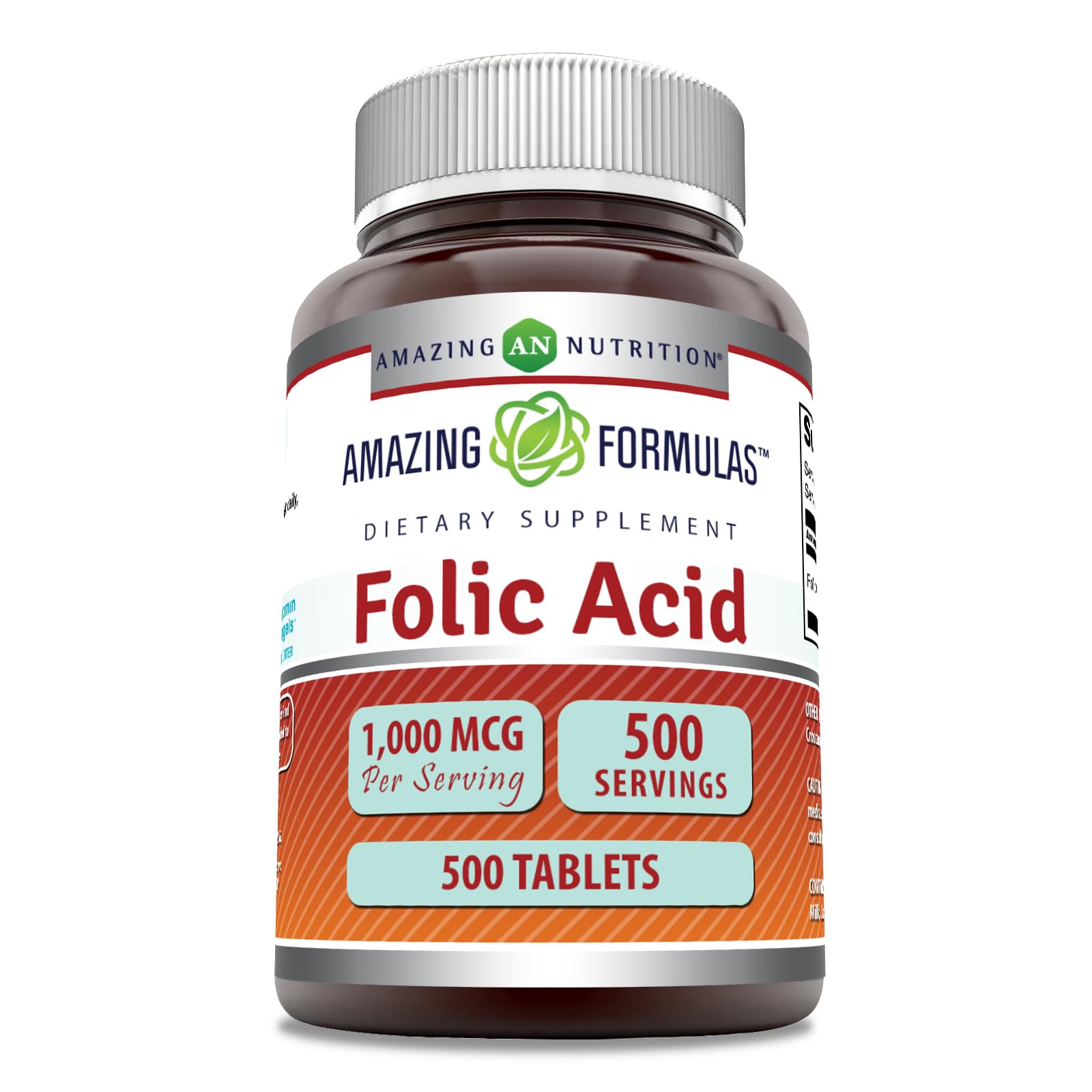 Amazing Nutrition, ácido fólico 1000 mcg, frasco elegante para uso diario sin gluten.
