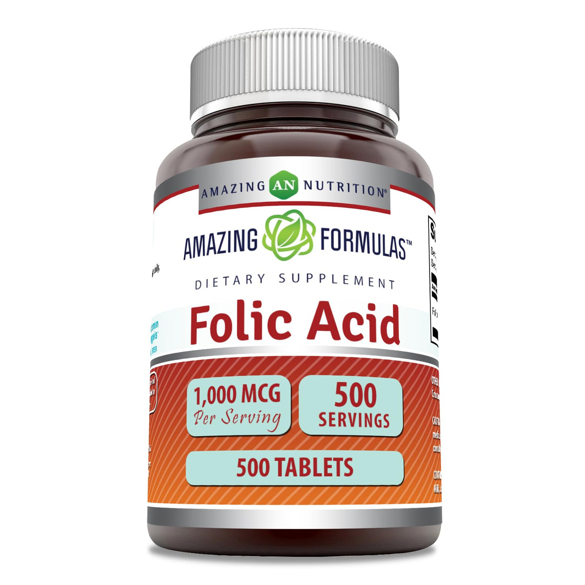Amazing Nutrition, ácido fólico 1000 mcg, frasco elegante para uso diario sin gluten.