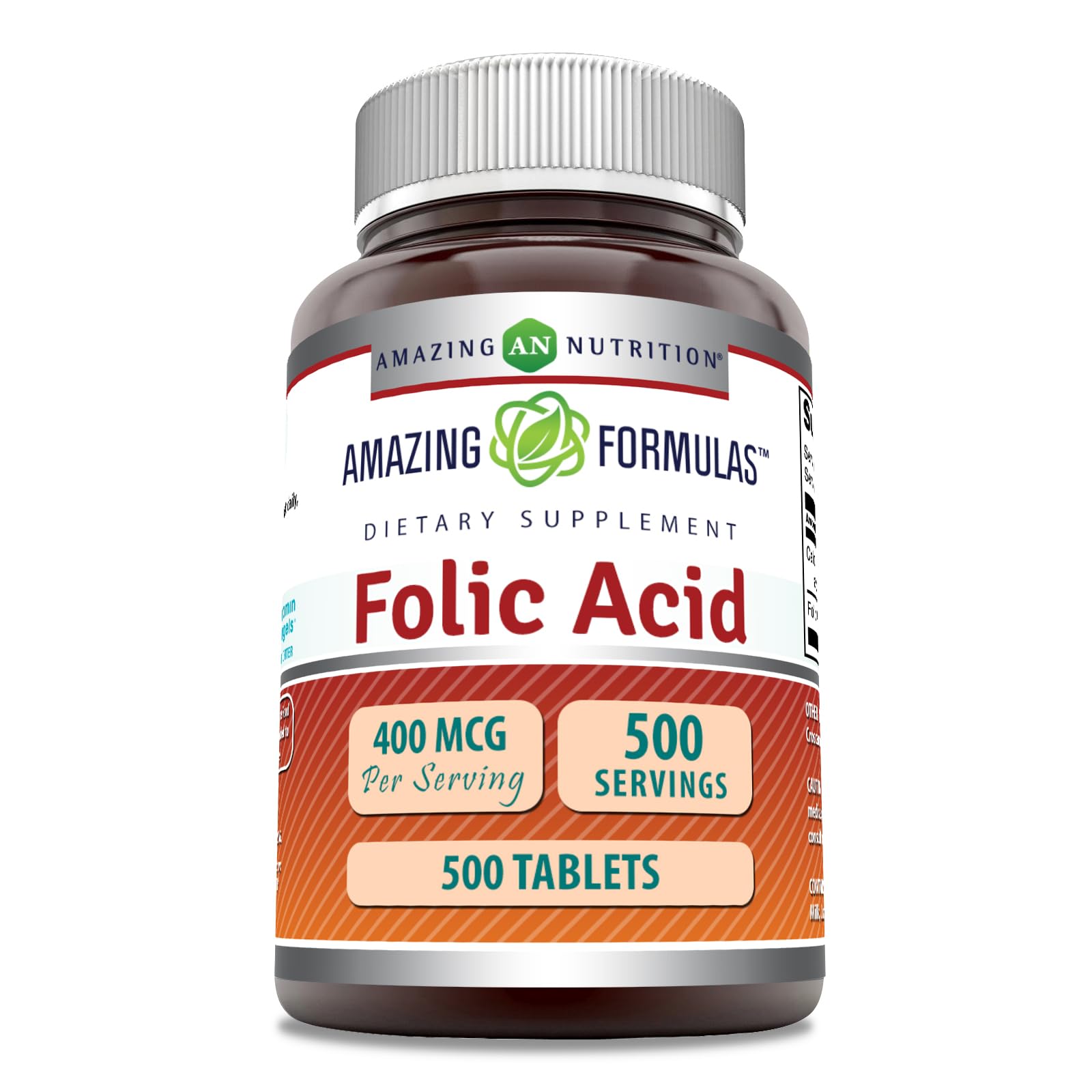 Amazing Nutrition ácido fólico 400 mcg, tableta en empaque práctico para uso diario.
