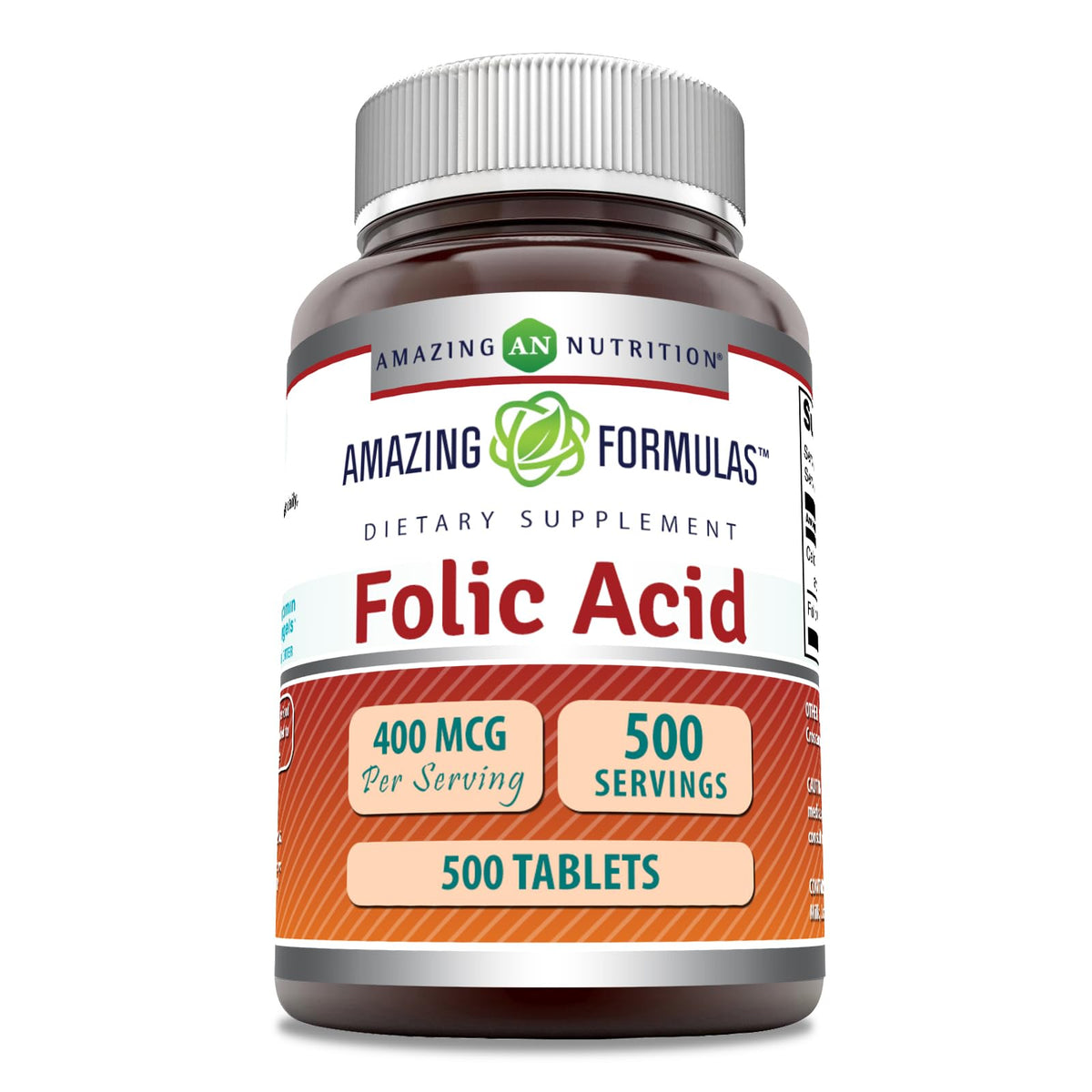 Amazing Nutrition ácido fólico 400 mcg, tableta en empaque práctico para uso diario.