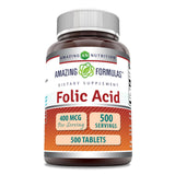 Amazing Nutrition ácido fólico 400 mcg, tableta en empaque práctico para uso diario.