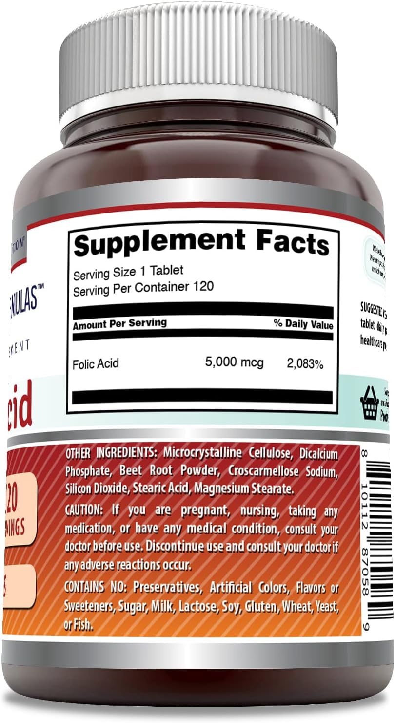 Amazing Nutrition ácido fólico 5000 mcg, envase de dos paquetes con 120 tabletas.
