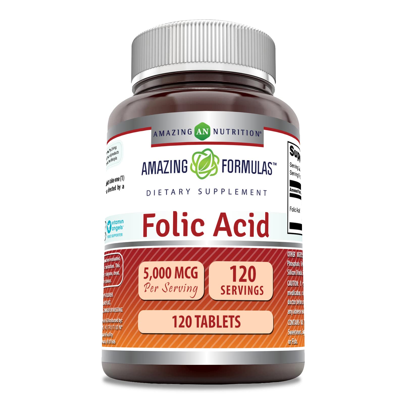 Amazing Nutrition ácido fólico 5000 mcg, tableta para uso diario y cómodo consumo