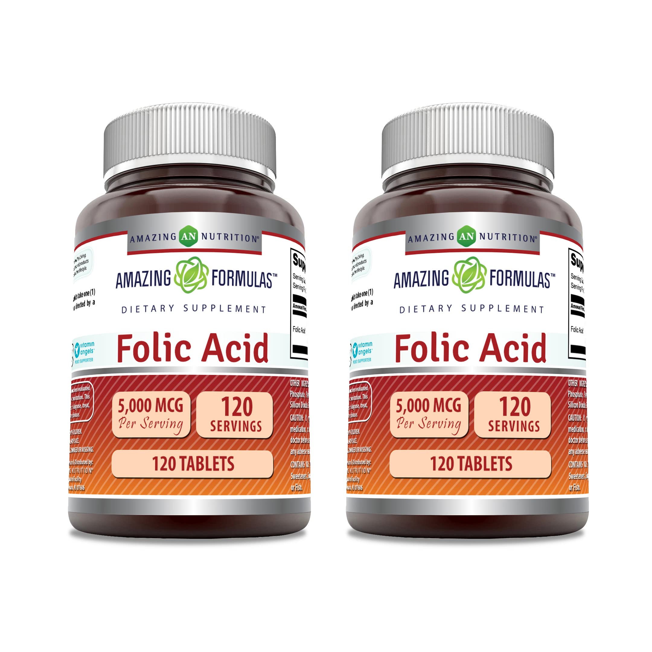 Amazing Nutrition ácido fólico 5000 mcg, tabletas para apoyo diario.