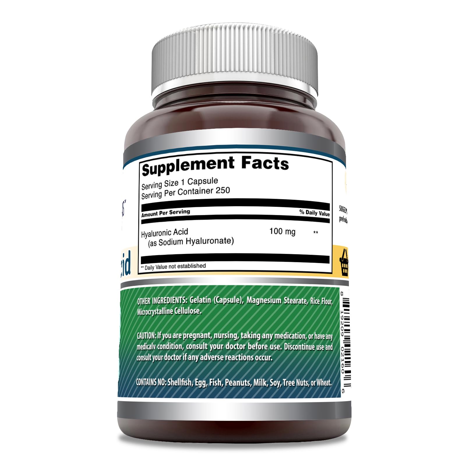 Amazing Nutrition ácido hialuronico 100 mg, 250 cápsulas para uso diario y bienestar general.
