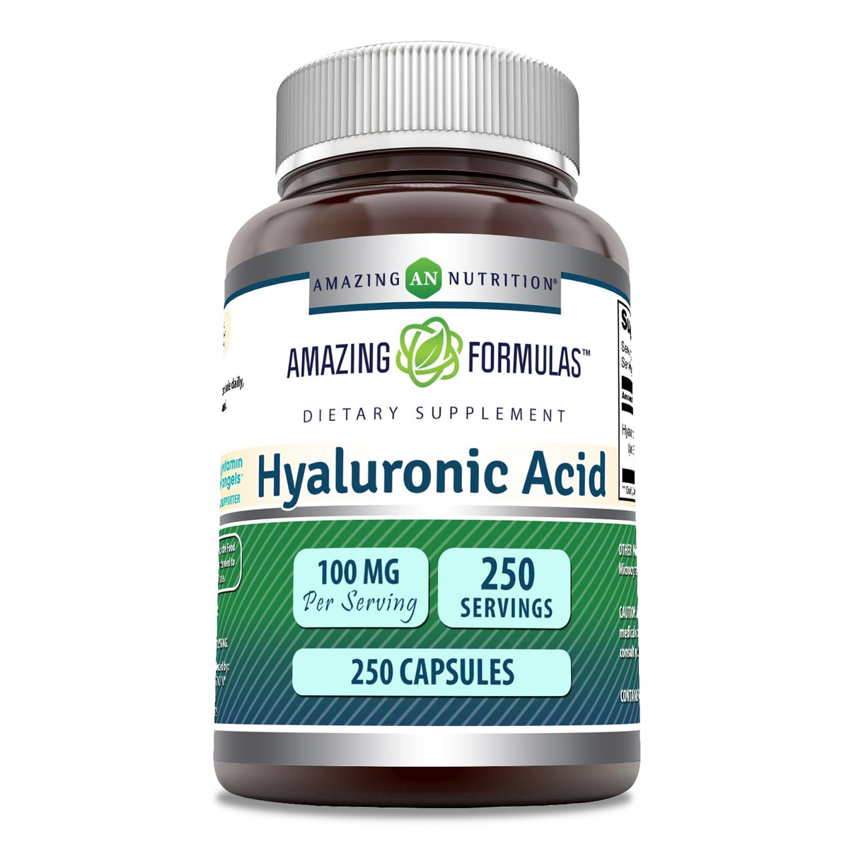 Amazing Nutrition ácido hialurónico 100 mg, botella de cápsulas para cuidado diario de la piel.