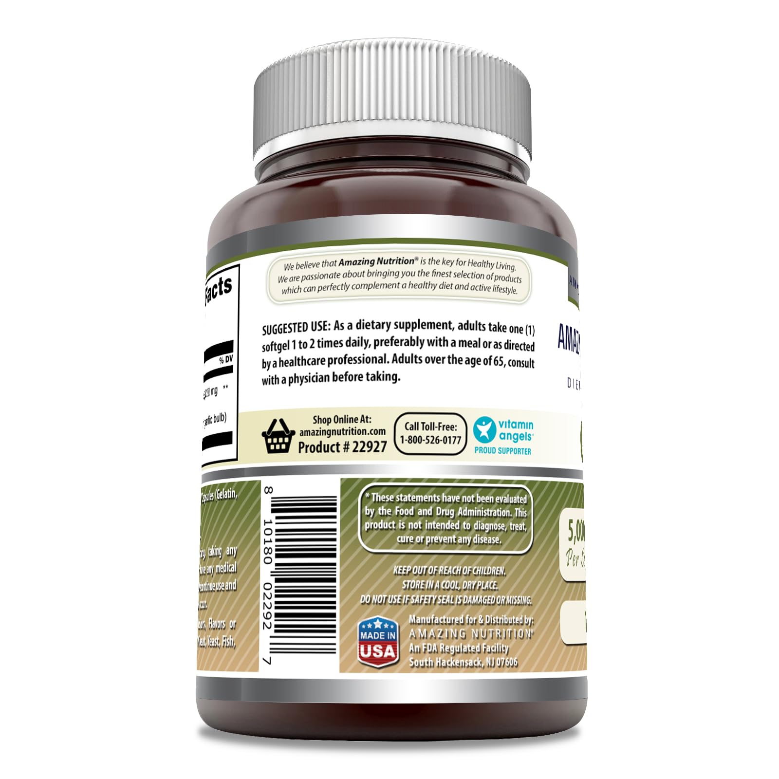 Etiqueta frontal de Amazing Nutrition Ajo, sin gluten, estilo de vida saludable.