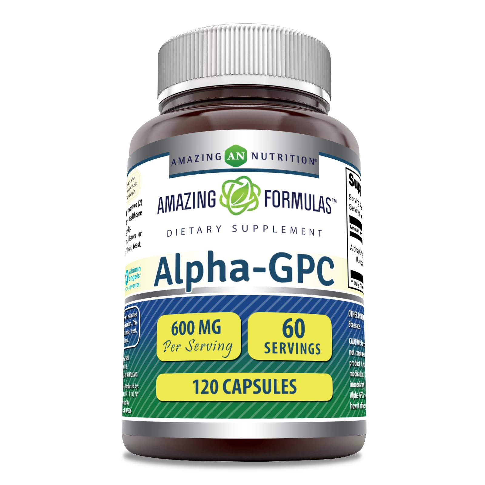 Amazing Nutrition Alpha GPC 600 mg, botella en primer plano, apoyo a la concentración diaria.