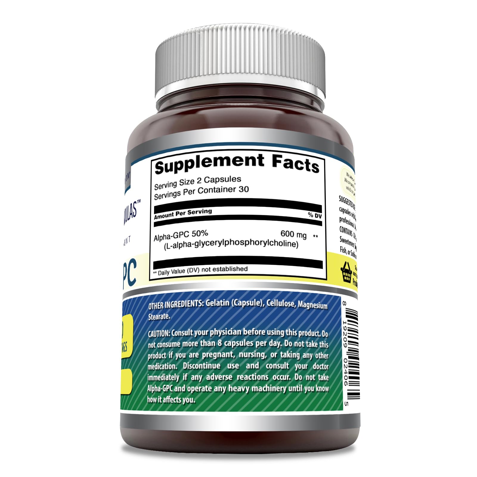 Amazing Formulas Alpha GPC, etiqueta de botella con porción de 2 cápsulas