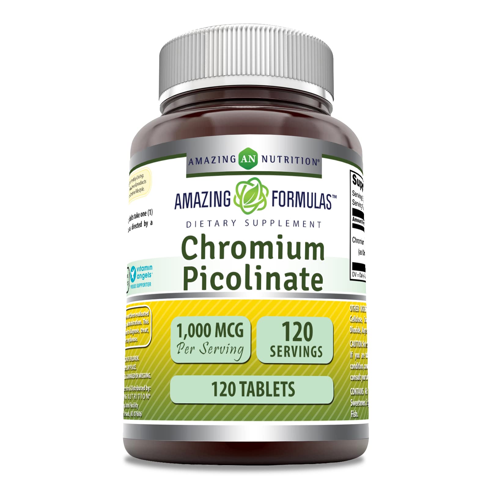 Botella frontal de Amazing Formulas Chromium Picolinate 1000 mcg para uso diario.