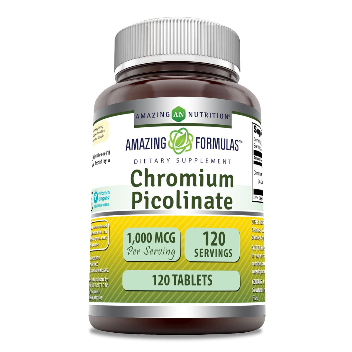 Botella frontal de Amazing Formulas Chromium Picolinate 1000 mcg para uso diario.