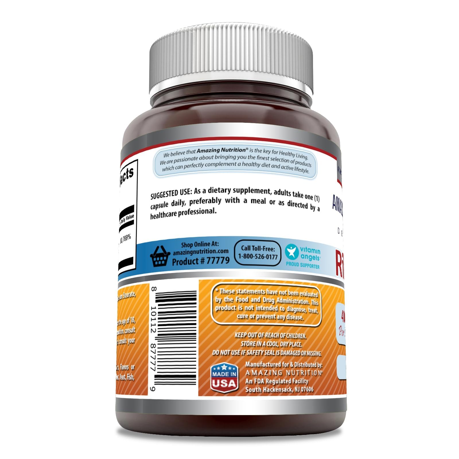 Etiqueta de Amazing Formulas Riboflavina 400 mg con certificado de pureza.