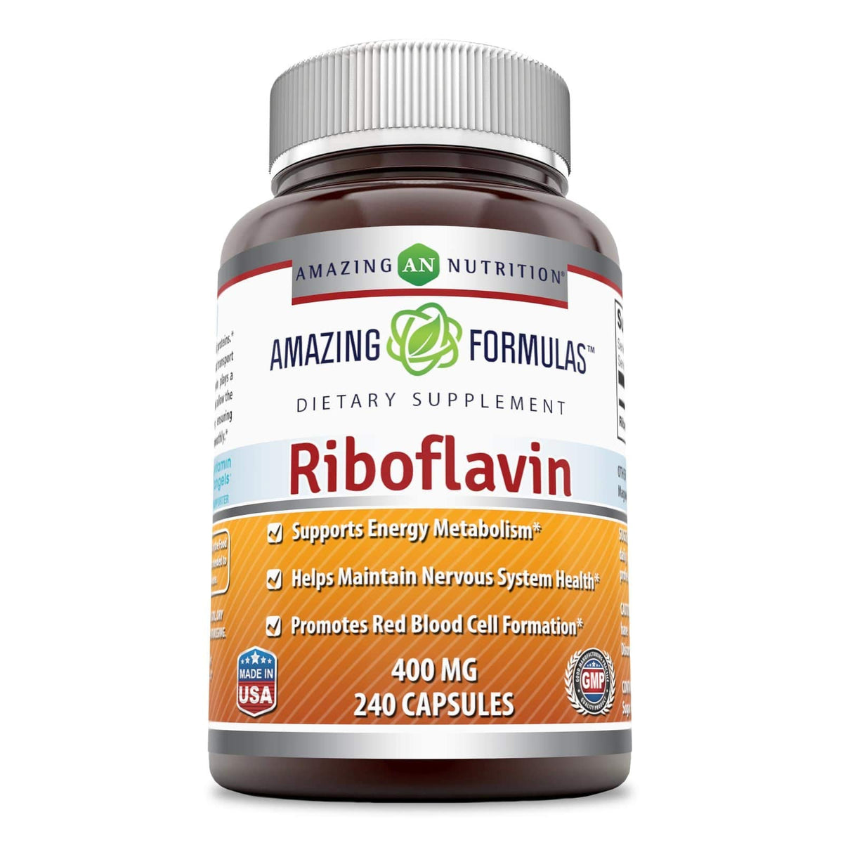 Amazing Nutrition Riboflavina en botella, porción diaria para energía sostenida.