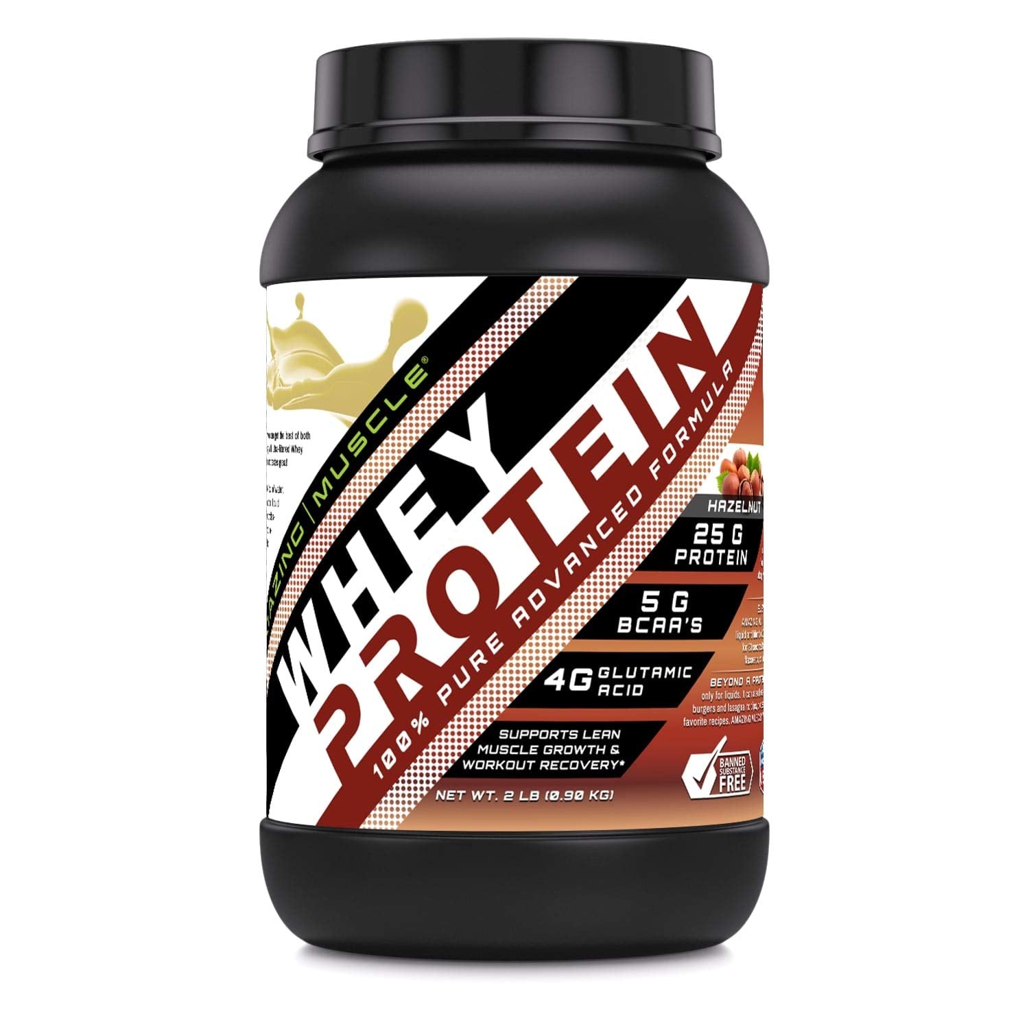 Proteína Amazing Muscle Whey en bote, sabor avellana, lista para disfrutar