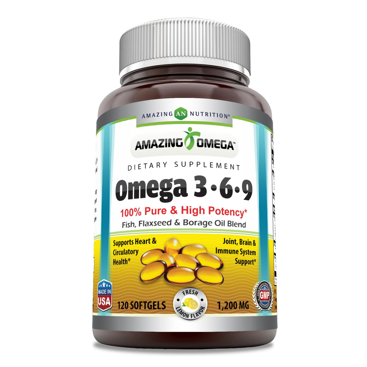 Amazing Omega 3.6.9 de Amazing Nutrition, botella con cápsulas blandas, sabor limón para uso diario.