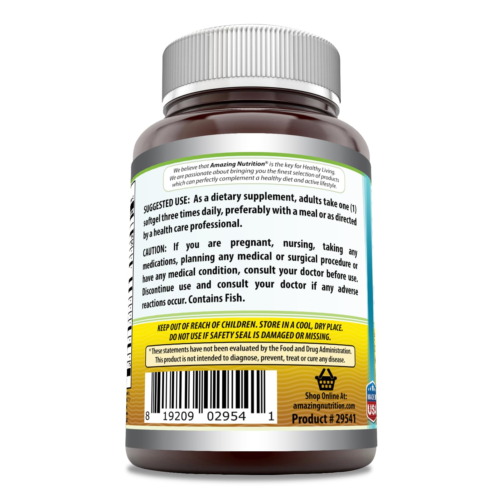 Amazing Omega 3.6.9, sabor limón, envase seguro para complementar la dieta diaria.