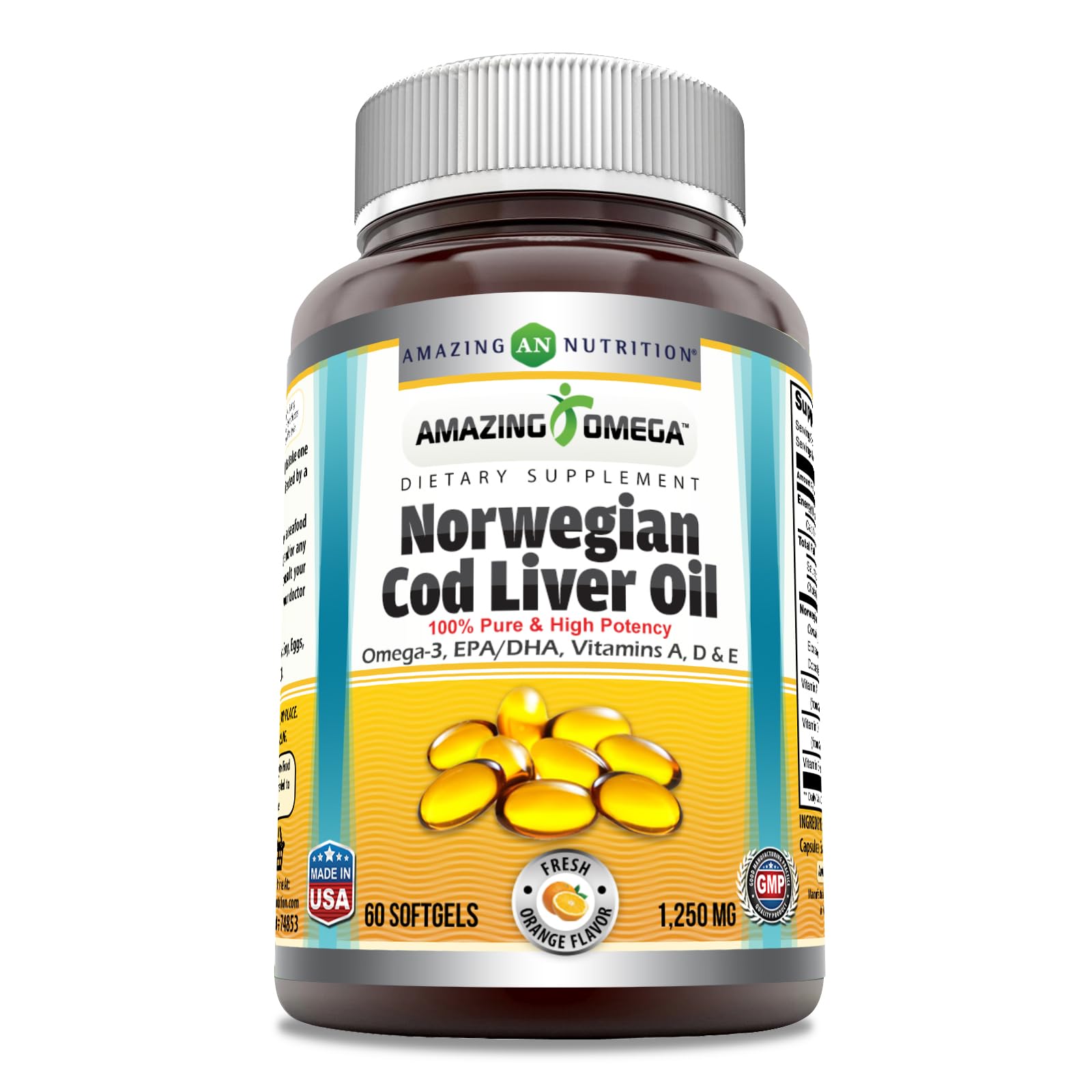 Amazing Omega en botella naranja, fuente de omega-3 para la salud diaria.