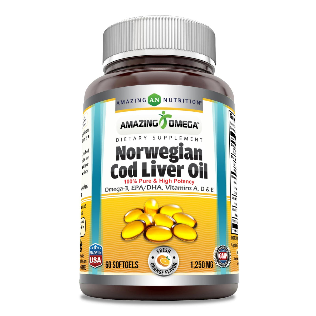 Amazing Omega en botella naranja, fuente de omega-3 para la salud diaria.